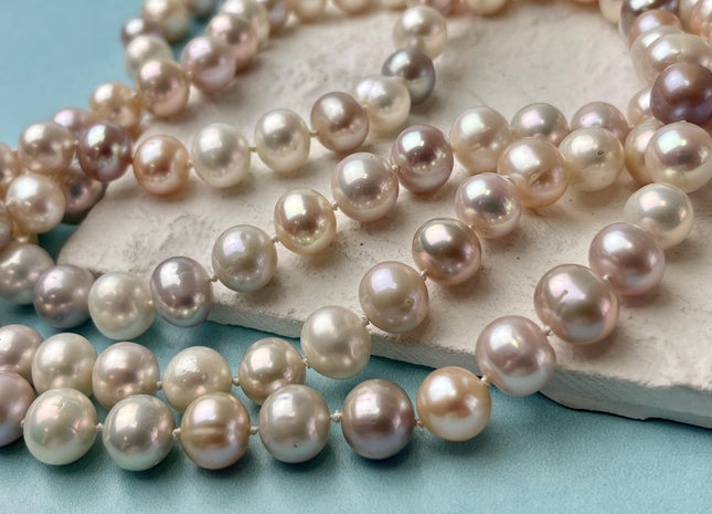 50 Inches AAA Hand Knotted 10-11 mm Off Round Natural White Mauve Pink Mixed Freshwater Long Pearl Necklaces #P2978