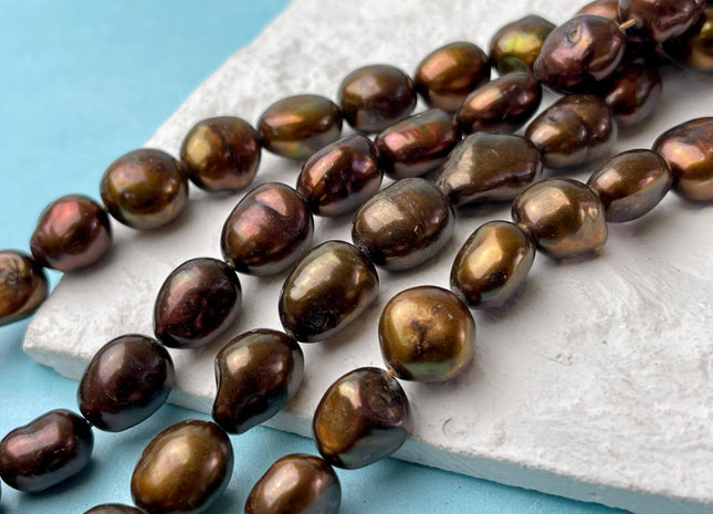 9-10x11-13 mm AA Dark Chocolate Brown Color Freshwater Pearl Rice Nugget Beads Dark Brown Genuine Rice Nugget Pearls #P2998