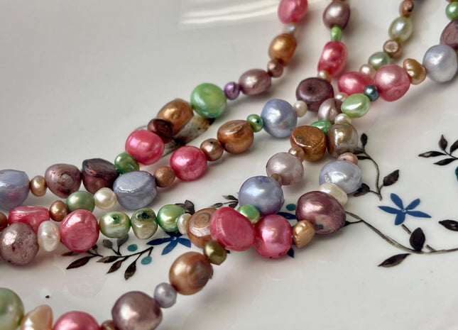 8-10 mm 54 Inches Hand Knotted Mixed Purple Green Orange Color Rice Nugget Freshwater Pearl Necklaces #P2975