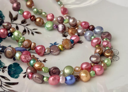 8-10 mm 54 Inches Hand Knotted Mixed Purple Green Orange Color Rice Nugget Freshwater Pearl Necklaces #P2975