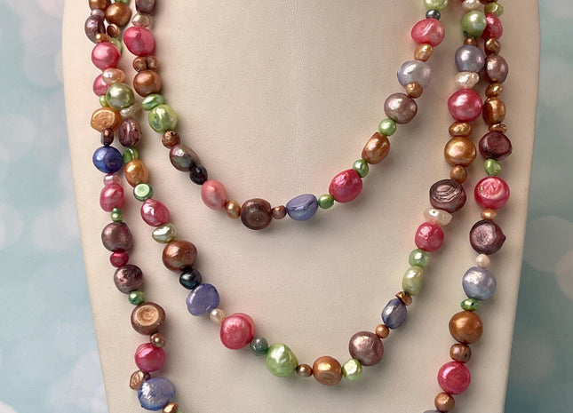 8-10 mm 54 Inches Hand Knotted Mixed Purple Green Orange Color Rice Nugget Freshwater Pearl Necklaces #P2975