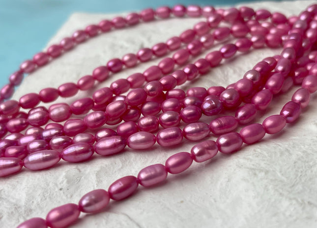 4-4.5x6-7 mm AA Fuchsia Pink Color Rice/Oval Freshwater Pearl Beads Genuine Cultured High Luster Freshwater Pearls 60 Pieces #P3048