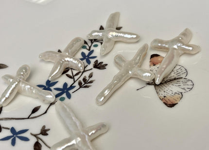 One Piece Natural White Biwa Stick Freshwater Pearls, Genuine White Cross Shape Freshwater Pearls #P3054