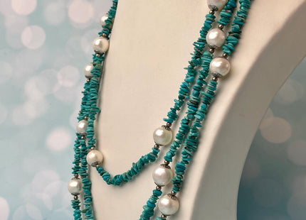 64 Inches 6-11 mm Natural White Potato and Turquoise Chips Freshwater Pearl Necklace Bridal Pearl Necklace Genuine Pearl Necklaces #P3029