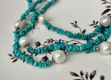 64 Inches 6-11 mm Natural White Potato and Turquoise Chips Freshwater Pearl Necklace Bridal Pearl Necklace Genuine Pearl Necklaces #P3029