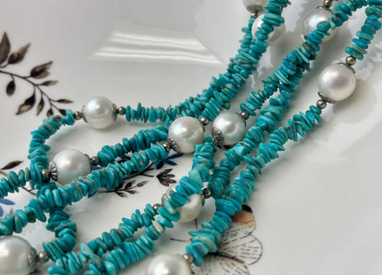 64 Inches 6-11 mm Natural White Potato and Turquoise Chips Freshwater Pearl Necklace Bridal Pearl Necklace Genuine Pearl Necklaces #P3029
