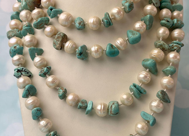 64 Inches 10-17 mm Natural White Potato and Turquoise Chips Freshwater Pearl Necklace Bridal Pearl Necklace Genuine Pearl Necklaces #P3030
