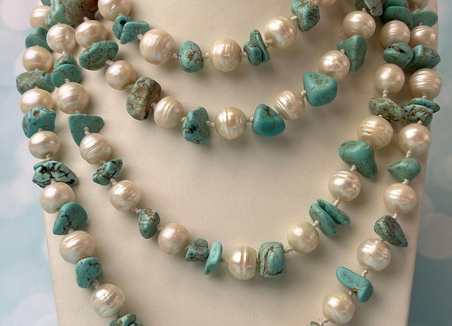 64 Inches 10-17 mm Natural White Potato and Turquoise Chips Freshwater Pearl Necklace Bridal Pearl Necklace Genuine Pearl Necklaces #P3030