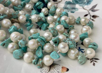 64 Inches 10-17 mm Natural White Potato and Turquoise Chips Freshwater Pearl Necklace Bridal Pearl Necklace Genuine Pearl Necklaces #P3030