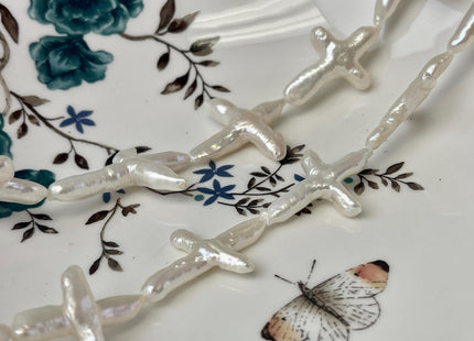 One Piece Natural White Biwa Stick Freshwater Pearls, Genuine White Cross Shape Freshwater Pearls #P3054