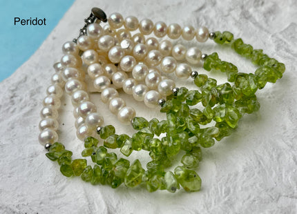 7.5 Inches 6-10 mm Natural White Potato and Gemstone Chips Freshwater Genuine Pearl Bracelet W/ 925 Sterling Silver Layered Clasp #P3033