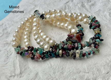 7.5 Inches 6-10 mm Natural White Potato and Gemstone Chips Freshwater Genuine Pearl Bracelet W/ 925 Sterling Silver Layered Clasp #P3033
