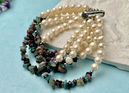 7.5 Inches 6-10 mm Natural White Potato and Gemstone Chips Freshwater Genuine Pearl Bracelet W/ 925 Sterling Silver Layered Clasp #P3033
