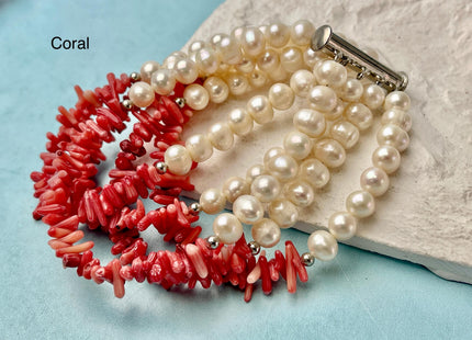 7.5 Inches 6-10 mm Natural White Potato and Gemstone Chips Freshwater Genuine Pearl Bracelet W/ 925 Sterling Silver Layered Clasp #P3033