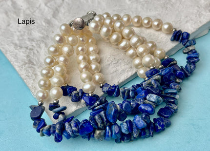 7.5 Inches 6-10 mm Natural White Potato and Gemstone Chips Freshwater Genuine Pearl Bracelet W/ 925 Sterling Silver Layered Clasp #P3033