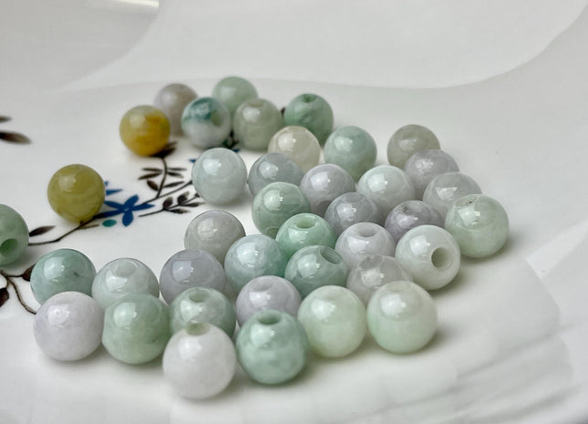 5 Pieces 9.5-10 mm Natural Green Yellow Color Smooth Round Shape Burmese Jade Beads 3.0 mm Hole Large Hole Round Jade Beads #4693