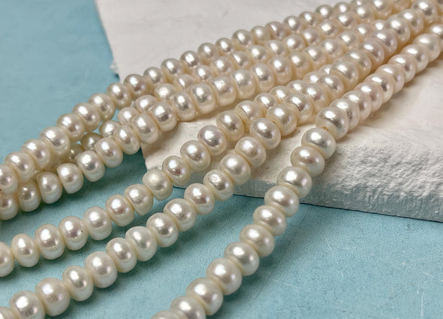7-7.5mm AA Large Hole Half Strand Natural White Button/Rondelle Pearl Hole Size 1.2mm 1.5mm 2.1mm Genuine Freshwater Pearl Beads #P3034