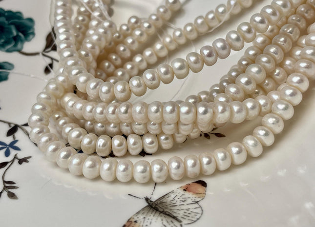 7-7.5mm AA Large Hole Half Strand Natural White Button/Rondelle Pearl Hole Size 1.2mm 1.5mm 2.1mm Genuine Freshwater Pearl Beads #P3034