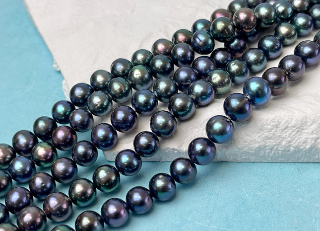 8-8.5 mm AAA Large Hole Rainbow Peacock Round Freshwater Pearl Beads Hole Size 1.0mm Genuine High Luster Nice Blue Peacock Pearls #P3035