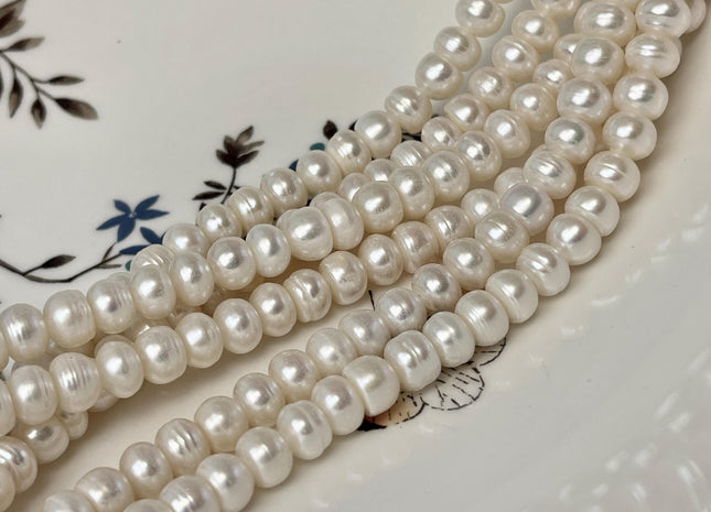 6-6.5mm 7-7.5mm Large Hole Half Strand Natural White Button/Rondelle Ringed Hole Size 1.5mm 2.1mm Genuine Freshwater Pearl Beads #P3056