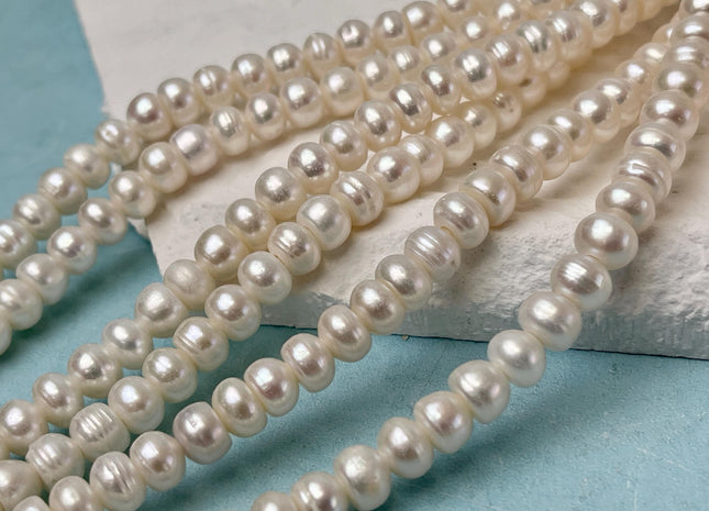 6-6.5mm 7-7.5mm Large Hole Half Strand Natural White Button/Rondelle Ringed Hole Size 1.5mm 2.1mm Genuine Freshwater Pearl Beads #P3056