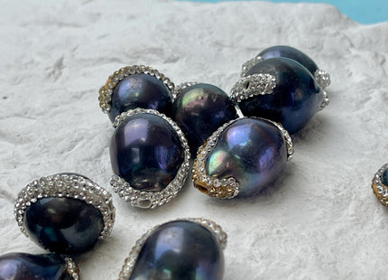 16-20x20-36 mm Large Hole Center Drilled High Quality Peacock Baroque Pearls w/Half Pave Rhinestone CZ Pendant Beads 2.2 mm Hole #P3063