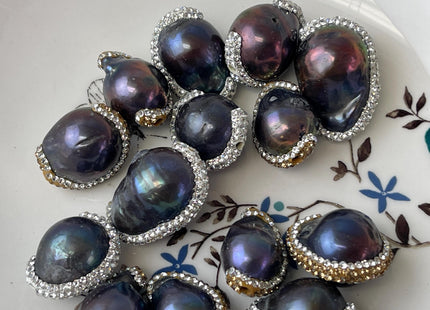 16-20x20-36 mm Large Hole Center Drilled High Quality Peacock Baroque Pearls w/Half Pave Rhinestone CZ Pendant Beads 2.2 mm Hole #P3063