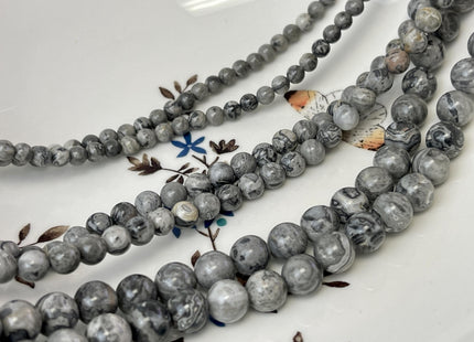 4mm 6mm 8mm 10mm 12mm Smooth Round Gray Map Picasso Jasper Gemstone Beads Snake Skin Gray Color Jasper Loose Beads 15 Inches #4699
