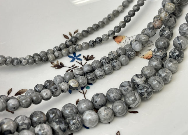 4mm 6mm 8mm 10mm 12mm Smooth Round Gray Map Picasso Jasper Gemstone Beads Snake Skin Gray Color Jasper Loose Beads 15 Inches #4699