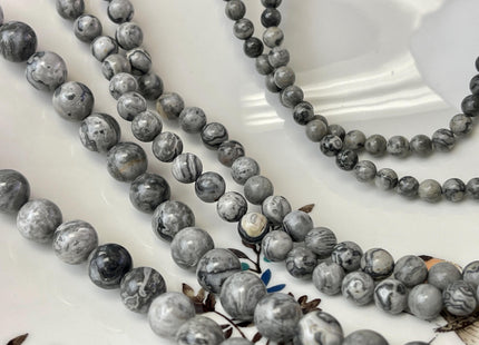 4mm 6mm 8mm 10mm 12mm Smooth Round Gray Map Picasso Jasper Gemstone Beads Snake Skin Gray Color Jasper Loose Beads 15 Inches #4699