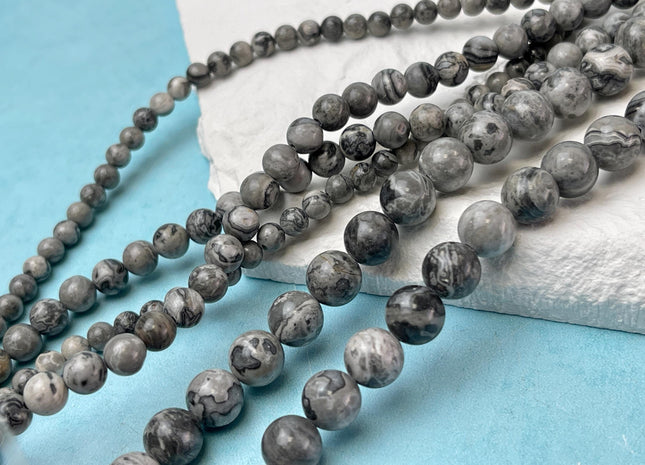 4mm 6mm 8mm 10mm 12mm Smooth Round Gray Map Picasso Jasper Gemstone Beads Snake Skin Gray Color Jasper Loose Beads 15 Inches #4699
