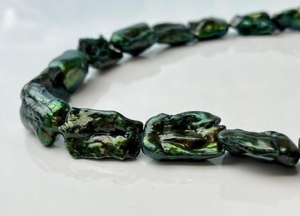 One Piece 13-15x18-25 mm Dark Forest Green Color Biwa Stick Freshwater Pearl Beads Genuine Rare Freshwater Biwa Pearl Beads #P3068