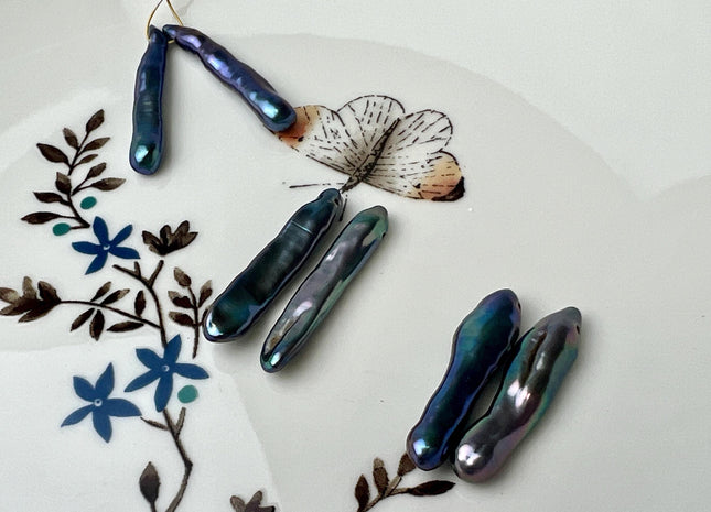 One Pair 6x24-25 mm AAAA Rare Peacock Color Long Biwa Stick Pearl Earring Genuine High Luster Top Drilled Matching DIY Earring Pair #P3069