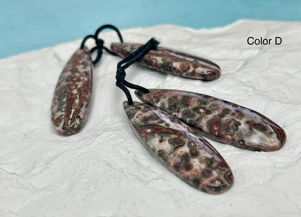 One Pair 12x45 mm Natural Pink Leopard Skin Jasper Top Drilled Teardrop Cabochon Long Teardrop Matching Pink Gemstone Earring Pendant #3356