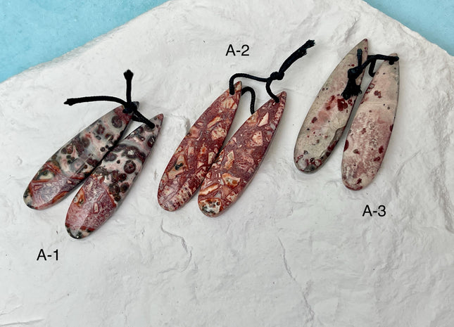 One Pair 12x45 mm Natural Pink Leopard Skin Jasper Top Drilled Teardrop Cabochon Long Teardrop Matching Pink Gemstone Earring Pendant #3356