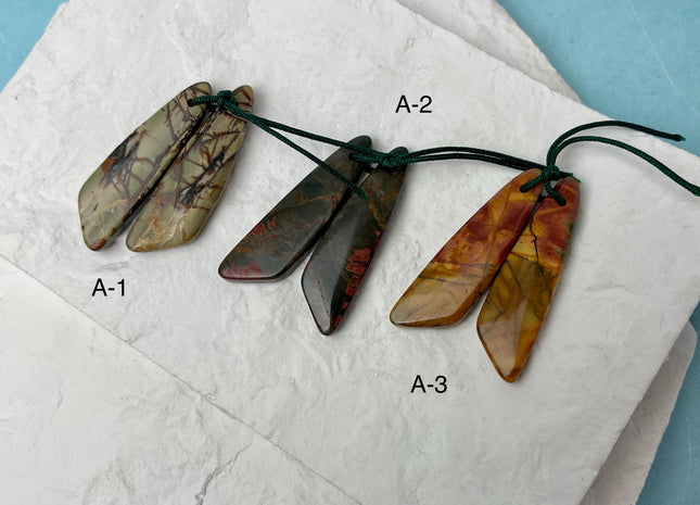 One Pair 12x44 mm Natural Picasso Jasper Top Drilled Freeform Cabochon Long Drop Matching Leaf Shape Jasper Gemstone Earring Pendant #3361