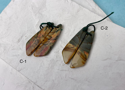 One Pair 12x44 mm Natural Picasso Jasper Top Drilled Freeform Cabochon Long Drop Matching Leaf Shape Jasper Gemstone Earring Pendant #3361