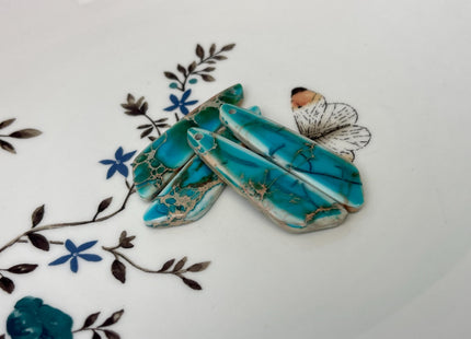 One Pair 12x44mm Natural Blue Impression Jasper Top Drilled Freeform Cabochon Long Drop Matching Shape Jasper Gemstone Earring Pendant #3362