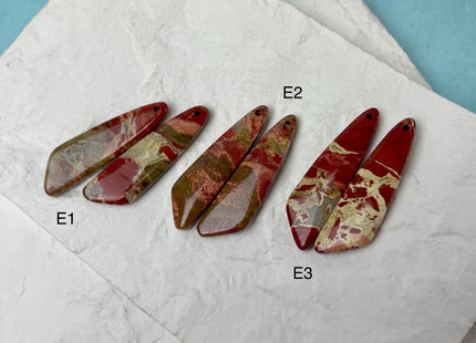 One Pair 12x45mm Natural Ocean Jasper Top Drilled Freeform Cabochon Long Drop Matching Mixed Red Ocean Jasper Gemstone Earring Pendant #3364