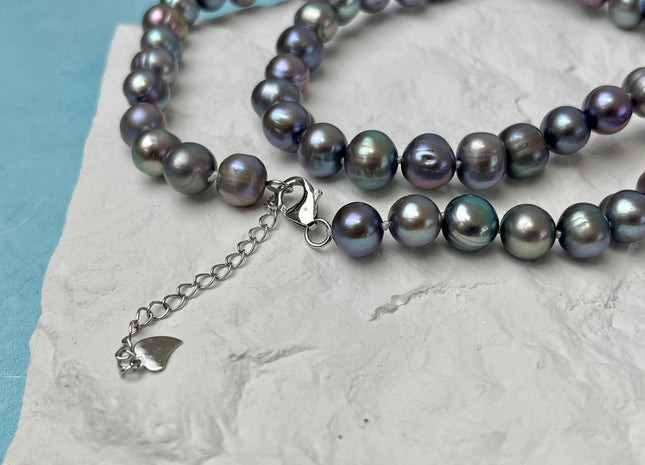 14/16/18/20/22/24 Inches Hand Knotted 8-9 mm Gray Peacock Color Potato Freshwater Pearl Necklace With Silver Clasp #P3083