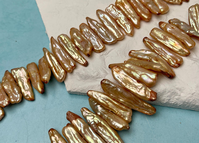 7-8x27-32 mm Champagne Brown Biwa Stick Freshwater Pearl Beads Genuine Cultured Center Drilled Champagne Biwa Pearl Beads #P3072