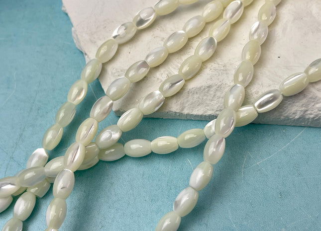 6x9mm Rice/Barrel Shape Natural Mother of Pearl Gemstone Beads Genuine White MOP Gemstones Beads 15.5 Inches Strand 43 Beads #4702