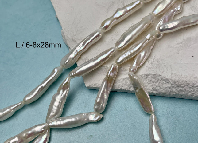 6-8x25-30 mm AAAA Natural White keshi Freshwater Pearls Genuine Super High Luster Natural White Long Biwa Stick Pearls 13 Beads #P3125