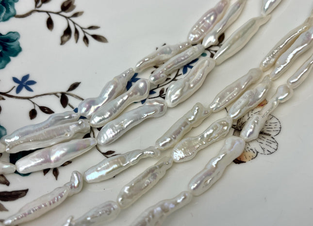 6-8x25-30 mm AAAA Natural White keshi Freshwater Pearls Genuine Super High Luster Natural White Long Biwa Stick Pearls 13 Beads #P3125