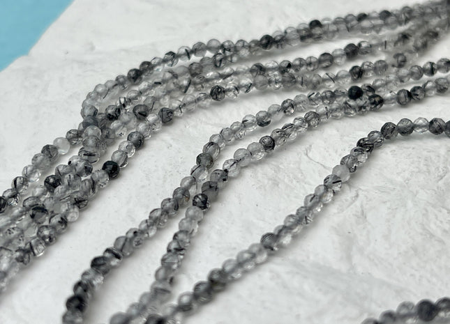 2-2.5 mm Faceted Round Tiny Black and Gray Mixed Rutilated Quartz Gemstone Beads Genuine Natural Quartz Loose Beads 15.5 Inches Strand #4704
