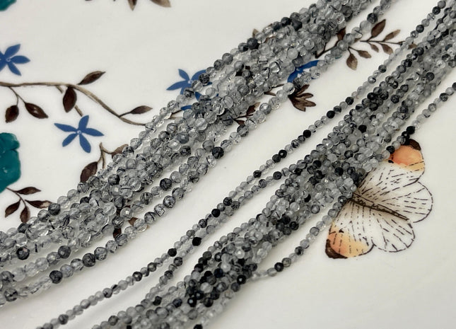 2-2.5 mm Faceted Round Tiny Black and Gray Mixed Rutilated Quartz Gemstone Beads Genuine Natural Quartz Loose Beads 15.5 Inches Strand #4704