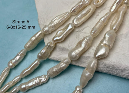 6-9x15-25 mm Half Strand Natural White Biwa Stick Freshwater Pearl Beads Genuine Large Hole 1.5 mm White Color Biwa Stick Pearls #P3102