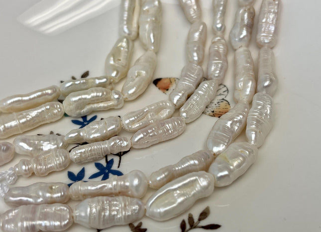 6-9x15-25 mm Half Strand Natural White Biwa Stick Freshwater Pearl Beads Genuine Large Hole 1.5 mm White Color Biwa Stick Pearls #P3102