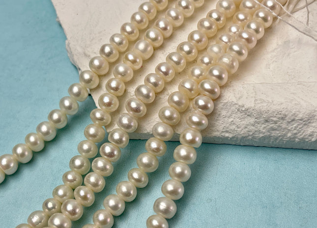 6-6.5mm AA Large Hole Half Strand Natural White Button/Rondelle Pearl Hole Size 1.2mm 1.5mm 2.1mm Genuine Freshwater Pearl Beads #P3104