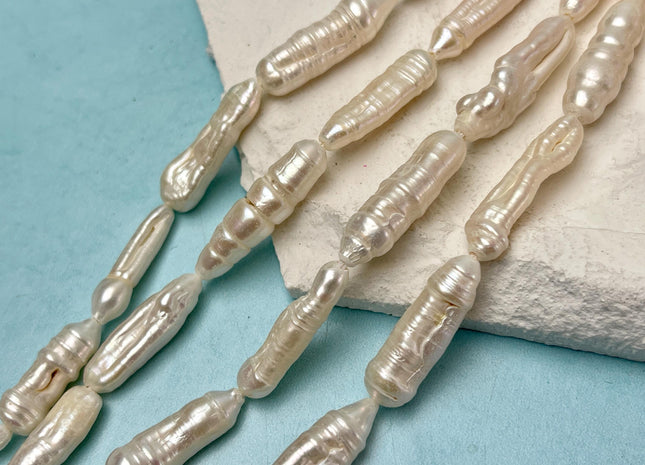 7-9x17-25 mm Half Strand Natural White Biwa Stick Freshwater Pearl Beads Genuine Large Hole 1.2mm 2.1mm White Color Biwa Stick Pearls #P3107